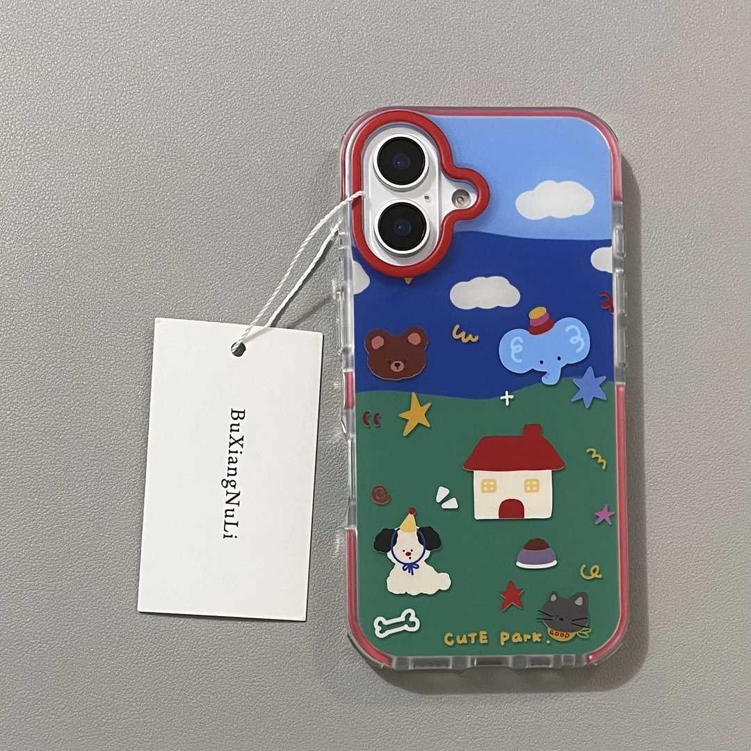 趣味涂鸦云朵房屋小动物适用苹果16pro手机壳iPhone15磨砂14/13