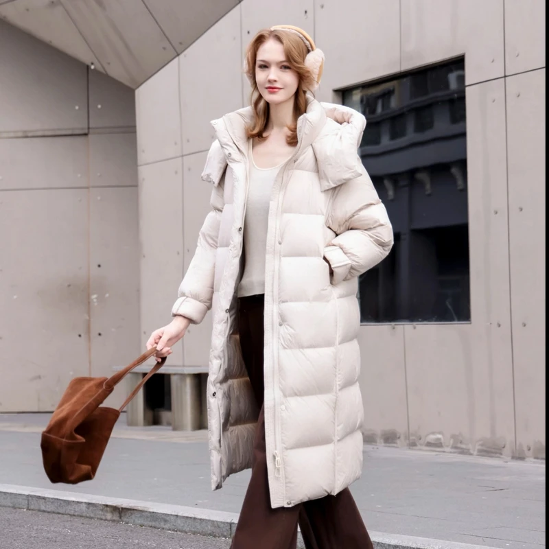 妮姐 泡芙90白鹅绒高充绒388g女长款连帽加厚保暖鹅羽绒服16F608