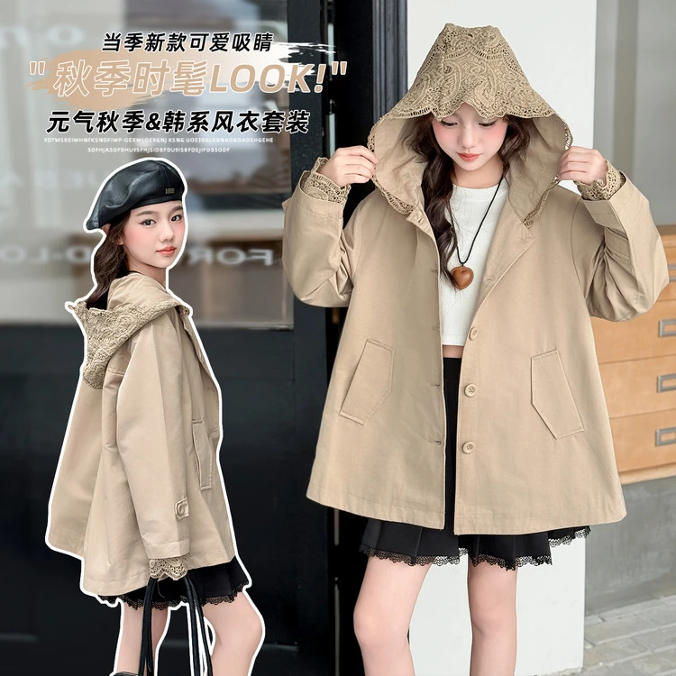 女童秋装风衣2025秋季新款儿童英伦风宽松休闲外套女孩连帽风衣潮