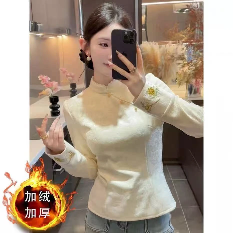 冬季新中式国风加绒打底衫女时尚气质复古百搭立领刺绣小衫女保暖