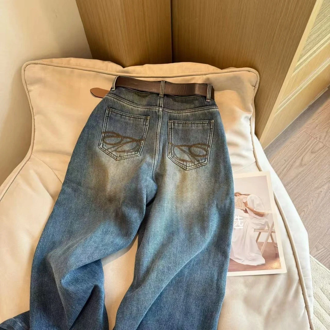 7695【送腰带】加绒窄版显瘦阔腿裤冬季新柔软高腰宽松牛仔裤女 GY