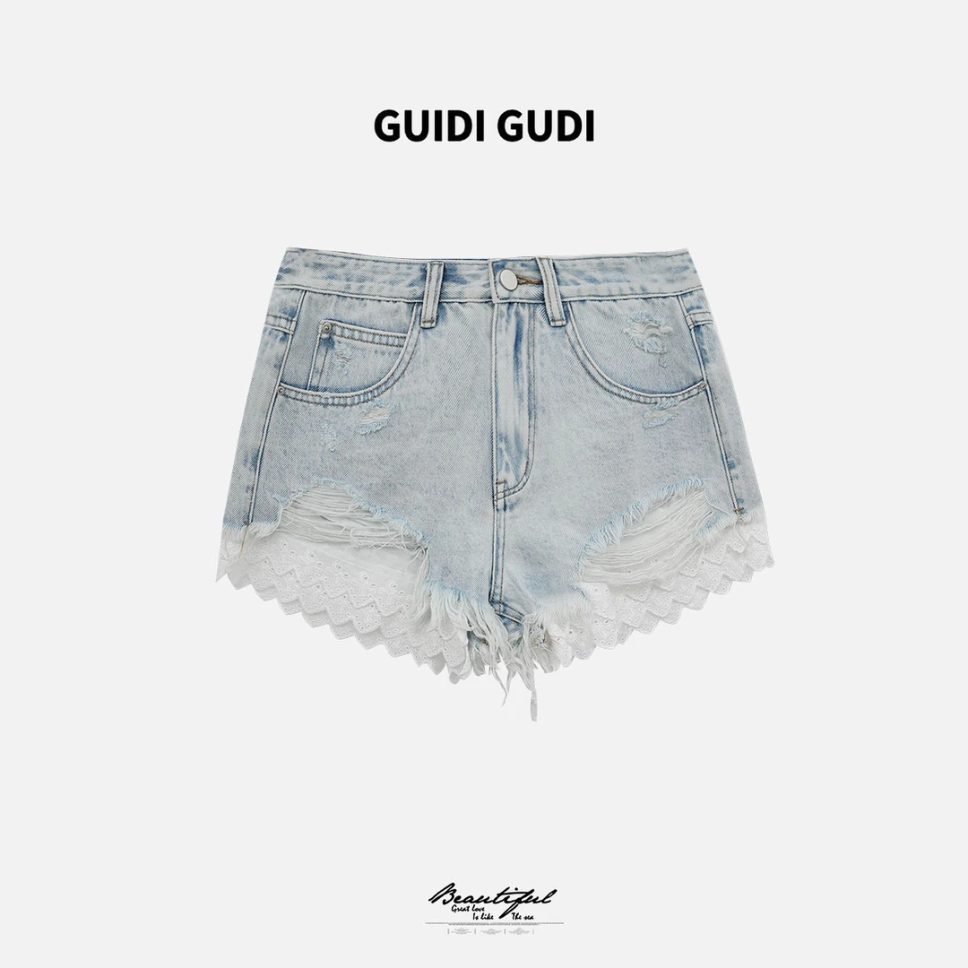 GUIDI GUDI【暮雪】黄加蓝重工蕾丝磨破牛仔短裤