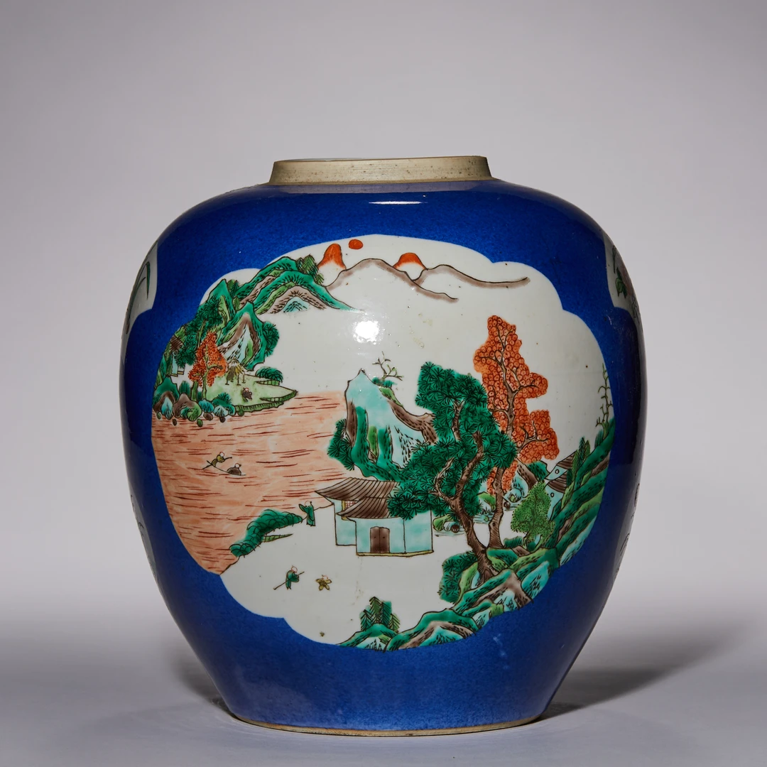 4427清晚期·洒蓝开窗五彩锦鸡牡丹纹大罐【古董拍卖】