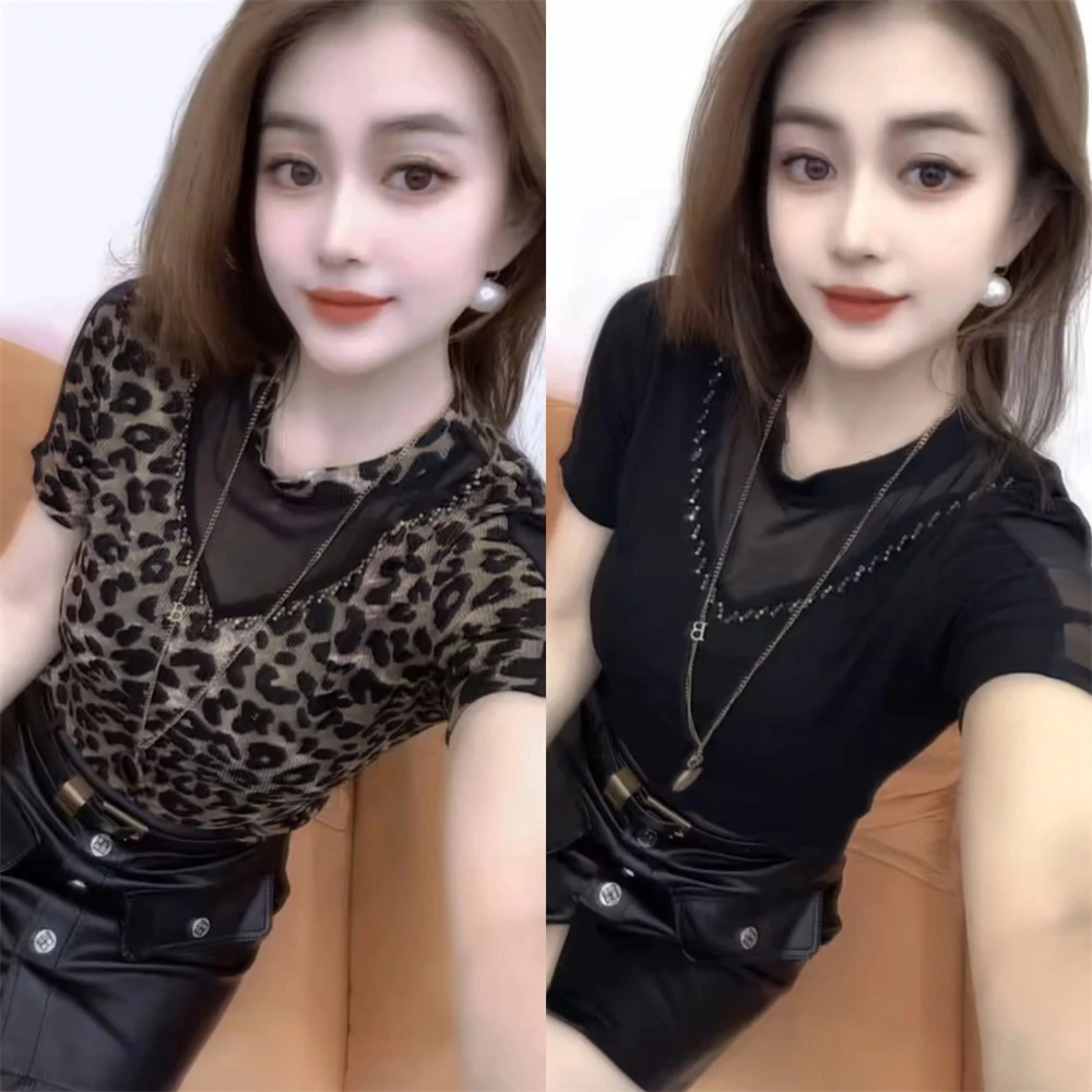 欧洲站2025夏季圆领t恤显瘦短袖上衣时尚女装重工缝珠网纱打底衫