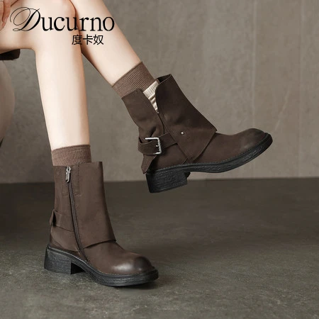 DUCURNO复古棕色时尚裤管靴女圆头粗跟马丁靴侧拉链皮带扣小短靴