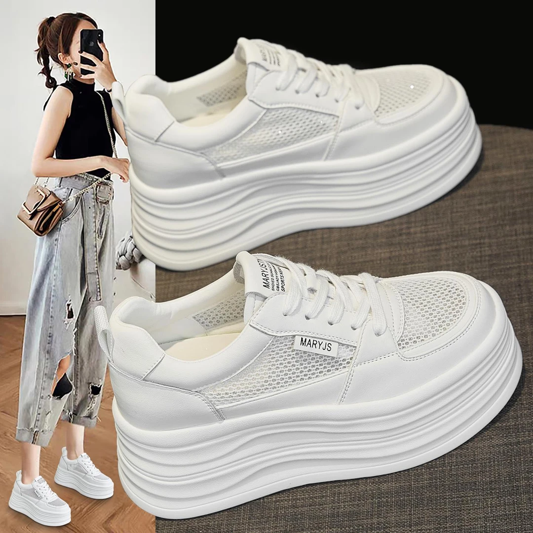 啊小白鞋女鞋2025夏季新款内增高百搭休闲松糕厚底网面薄款透气板