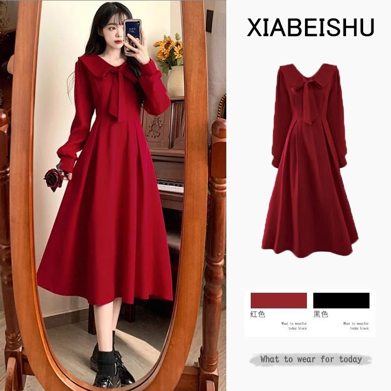 大码赫本风红色连衣裙女春季胖mm感小个子订婚新娘敬酒礼服裙