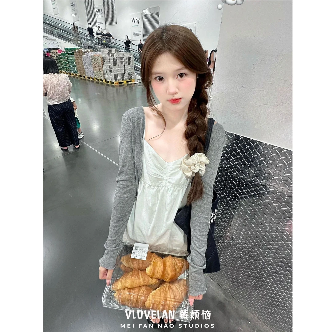 韩系穿搭套装女2025新款小个子白色吊带背心休闲高腰阔腿裤三件套