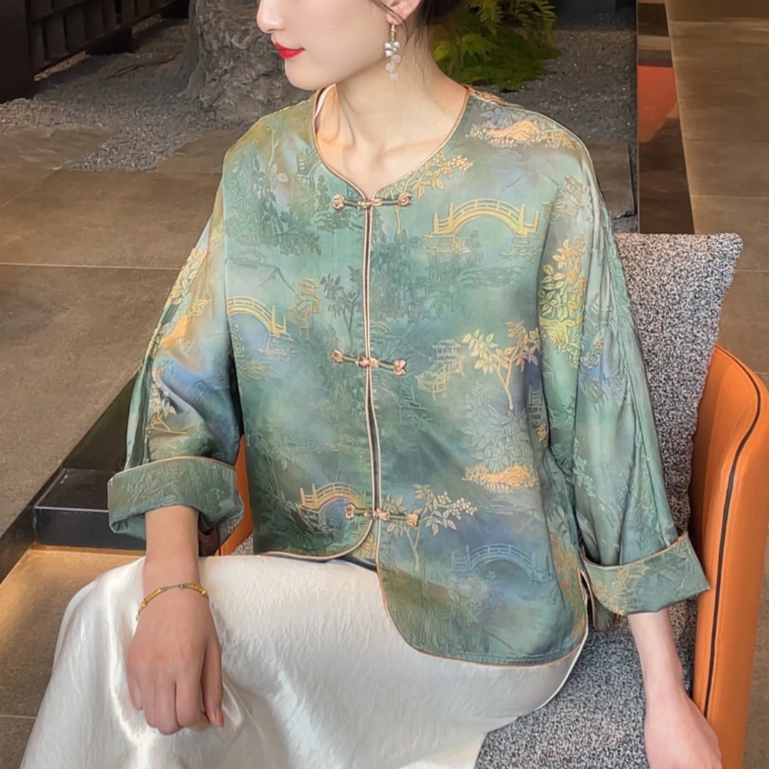 【画江南】2025新款春季新中式上衣宽松国风绣花圆领女装人丝外套女