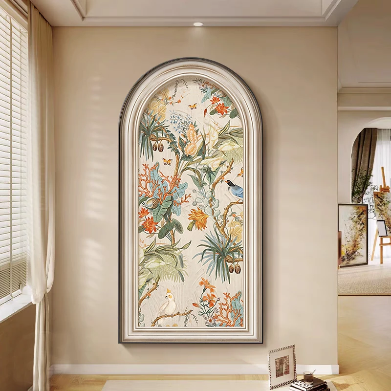 中古风玄关装饰画花鸟图入户正对门挂画法式复古风拱形竖版壁画
