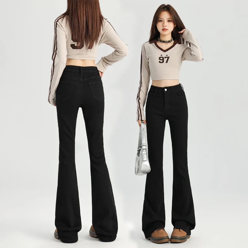 黑色微喇牛仔裤女2025秋冬新款加绒小个子高腰修身显瘦喇叭马蹄裤