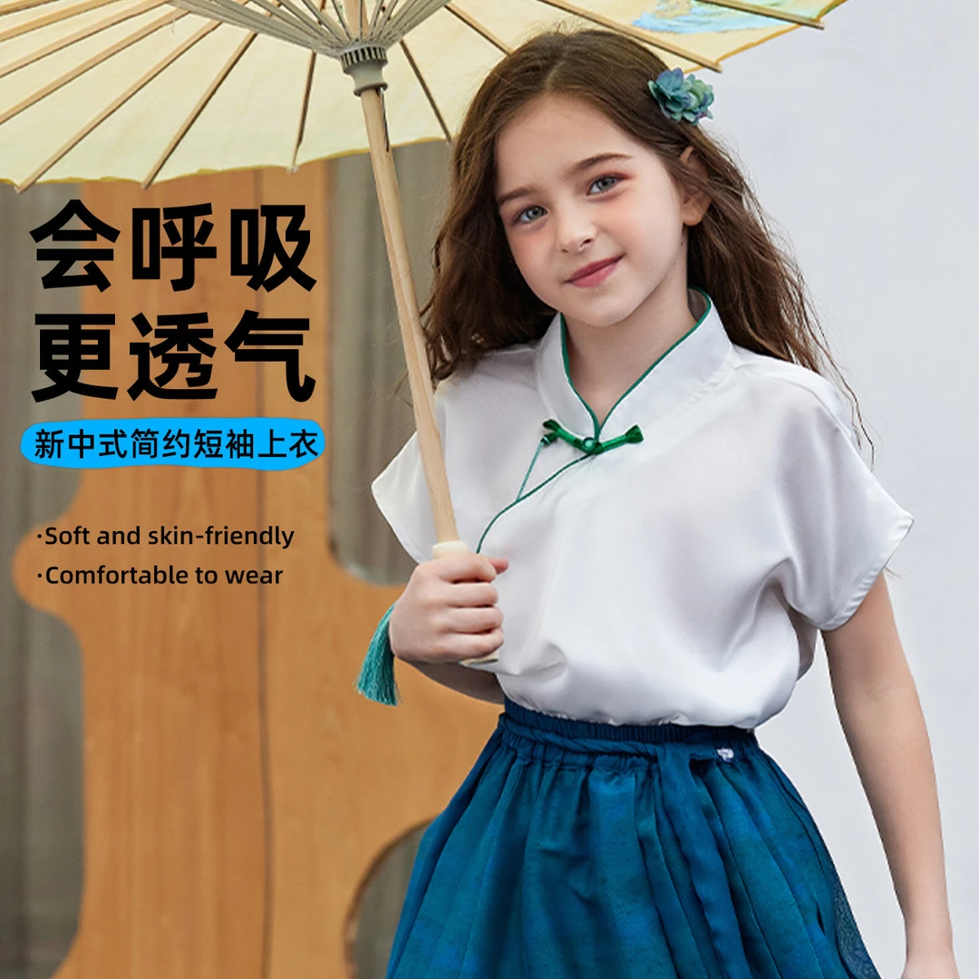 【水墨画国风】女童T恤2025年夏季薄款清爽户外中大童短袖上衣