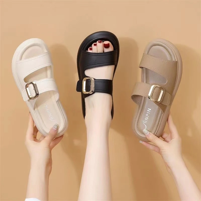 2025新款露趾厚底凉鞋女夏季百搭编织时尚魔术贴外出一字扣带凉女