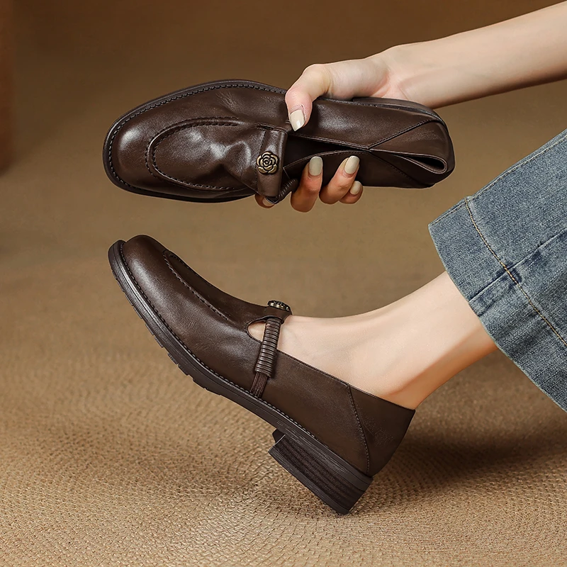 2025年秋冬新款英伦风乐福鞋女真皮粗跟复古百搭中跟棕色小皮鞋女