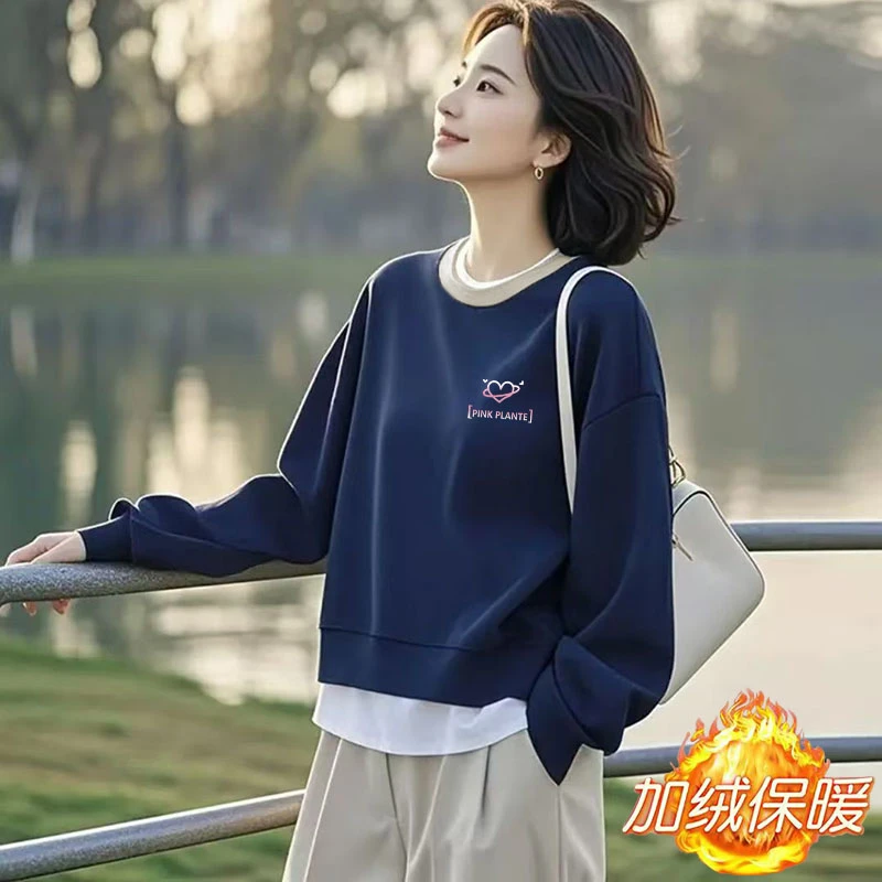 假两件加绒/不加绒华棉设计感短款卫衣女小个子简约印花圆领外套