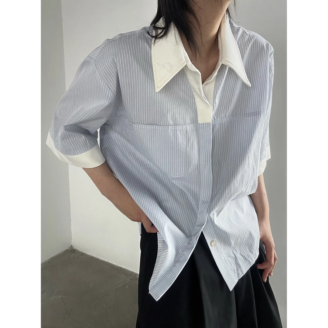 小众设计碧蓝条纹衬衫男短袖夏季美式高级感少年感假两件Polo衬衣