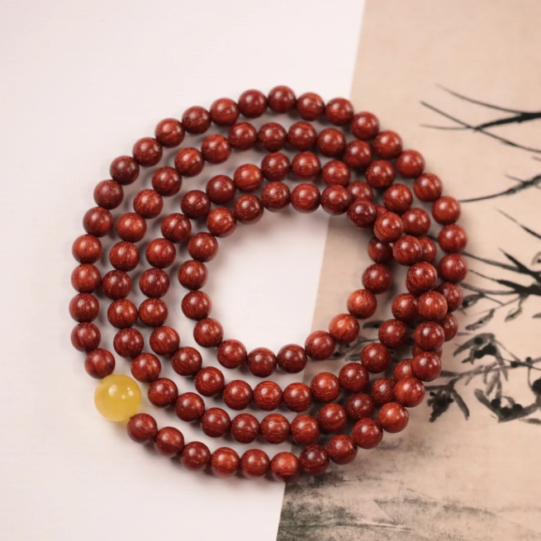 印度小叶紫檀0.6x108颗牛毛纹【蜜蜡瑕疵】木带宝