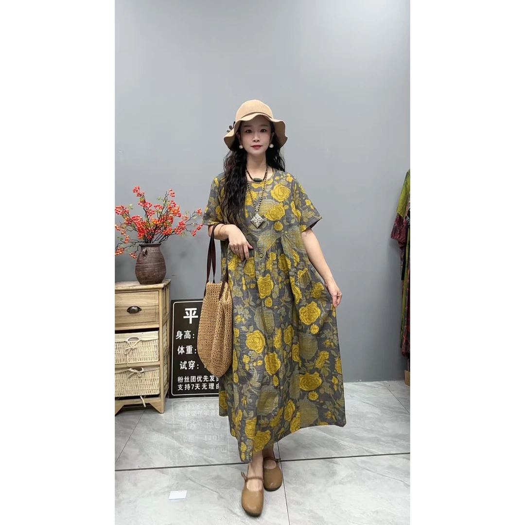 5258夏季新款显瘦气质时尚女百搭休闲文艺复古印花洋气宽松连衣裙