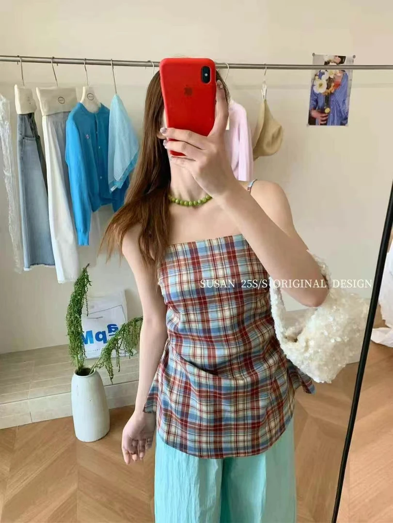 susan@25616 韩系百搭红色格纹修身吊带小衫 6-25