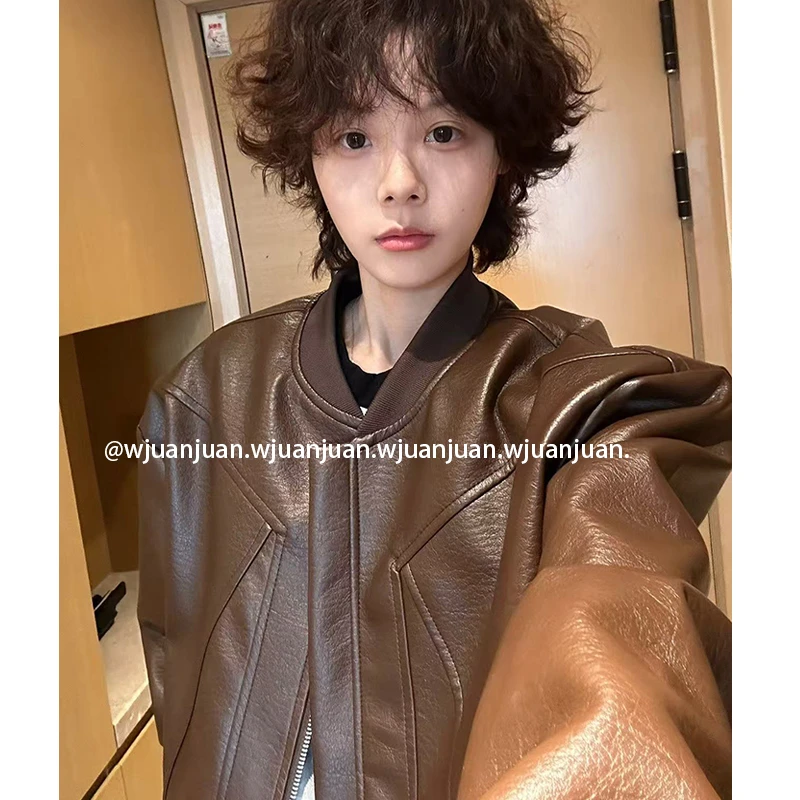『WJUANJUAN2店』秋美式复古裂纹皮夹克外套男女中性短款机车皮衣