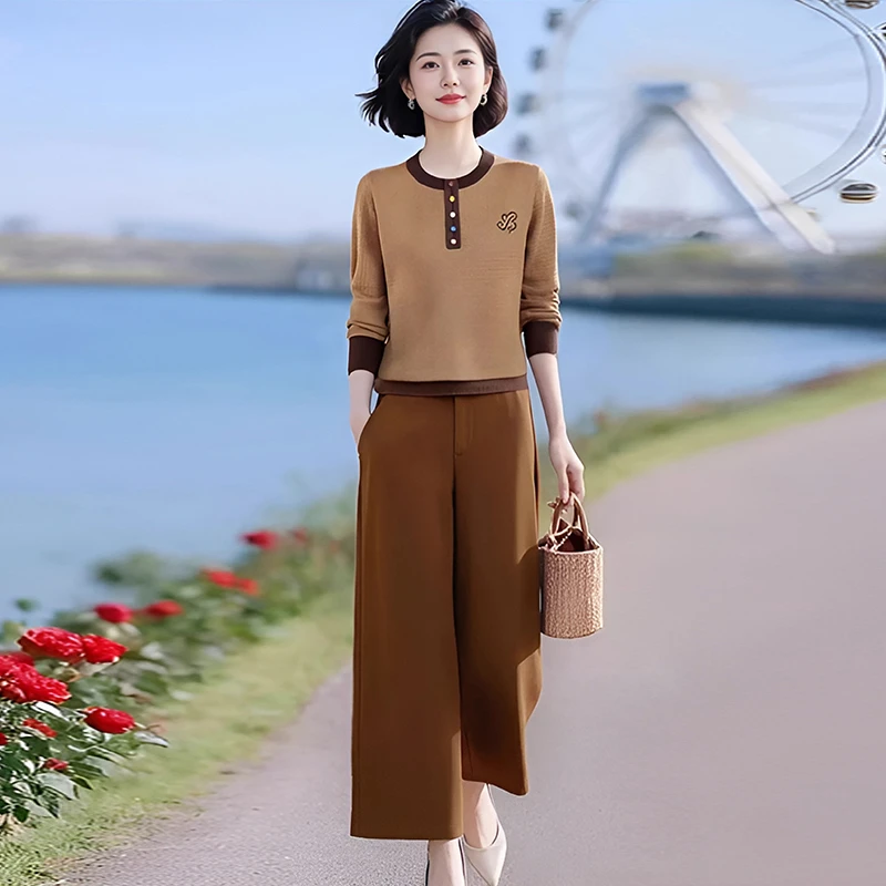 巨好看一整套2025春秋新款洋气撞色薄款圆领针织衫女直筒裤两件套