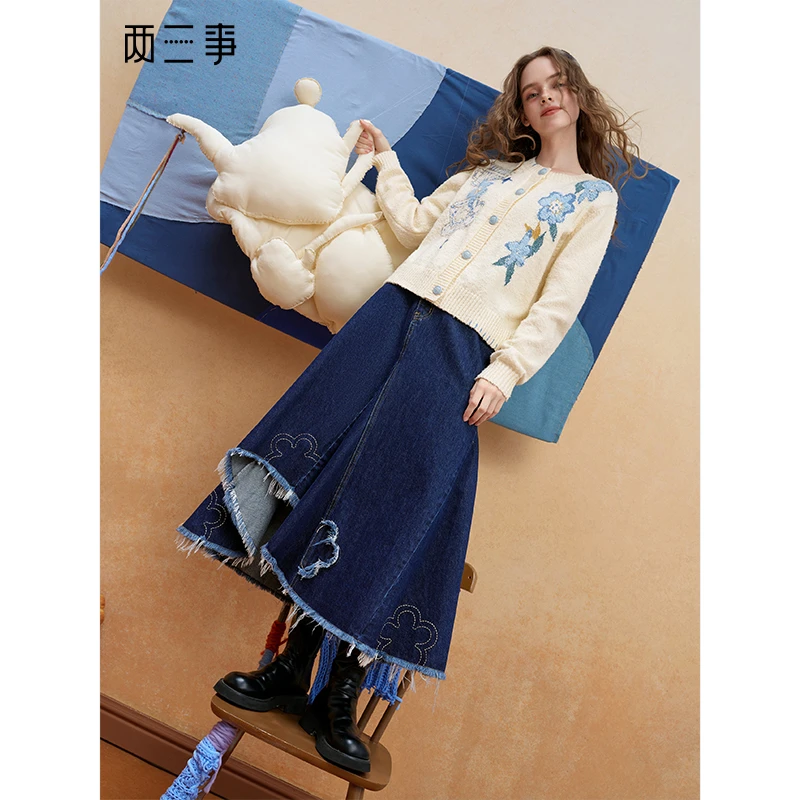 【芋总专属】两三事旧日回音做旧毛边绣花不规则裙摆牛仔半身裙