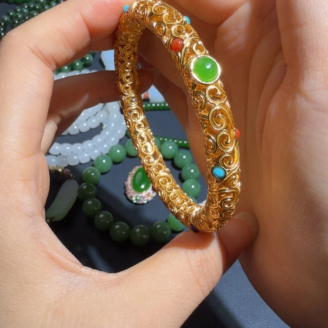 手链银S925镀金镶嵌和田玉