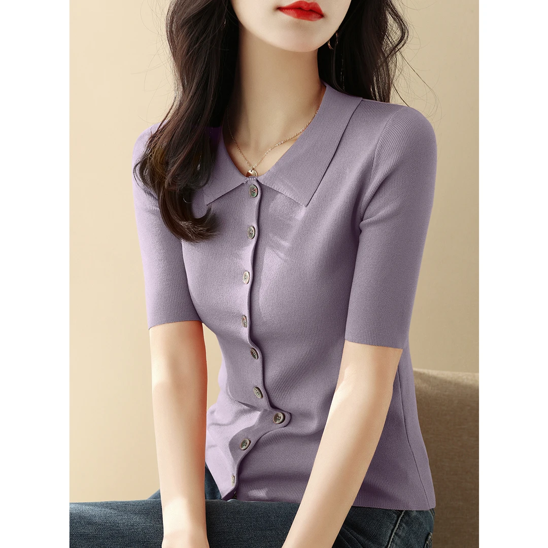 纯色修身显瘦气质POLO领设计短袖针织衫T恤春夏季单排扣上衣女装