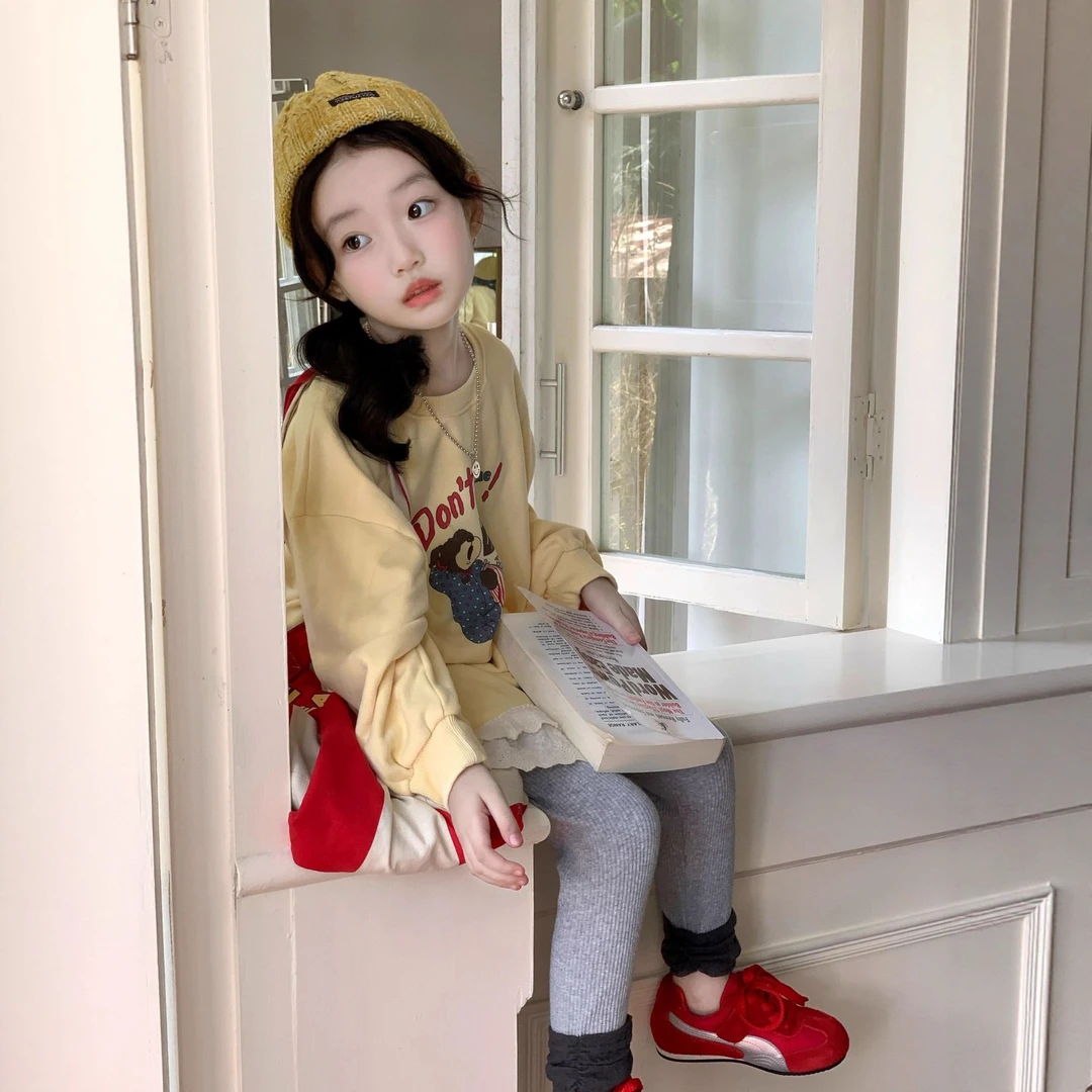 韩系早秋女童幼儿园穿搭中长款卫衣裙配打底裤套装