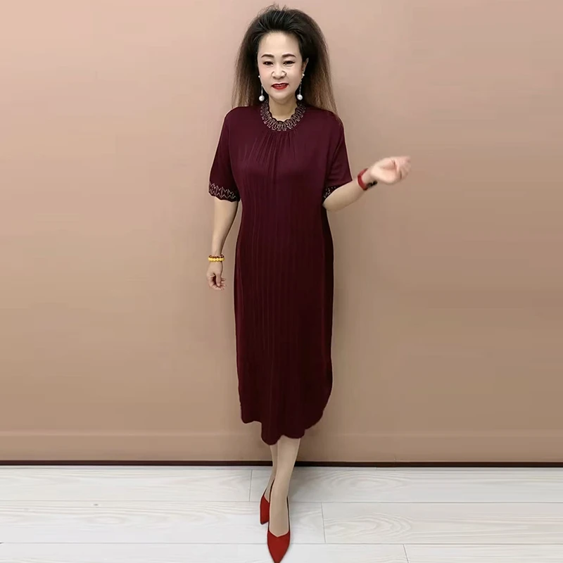 高级感气质酒红色压褶针织连衣裙法式别致显瘦百褶长裙子80125