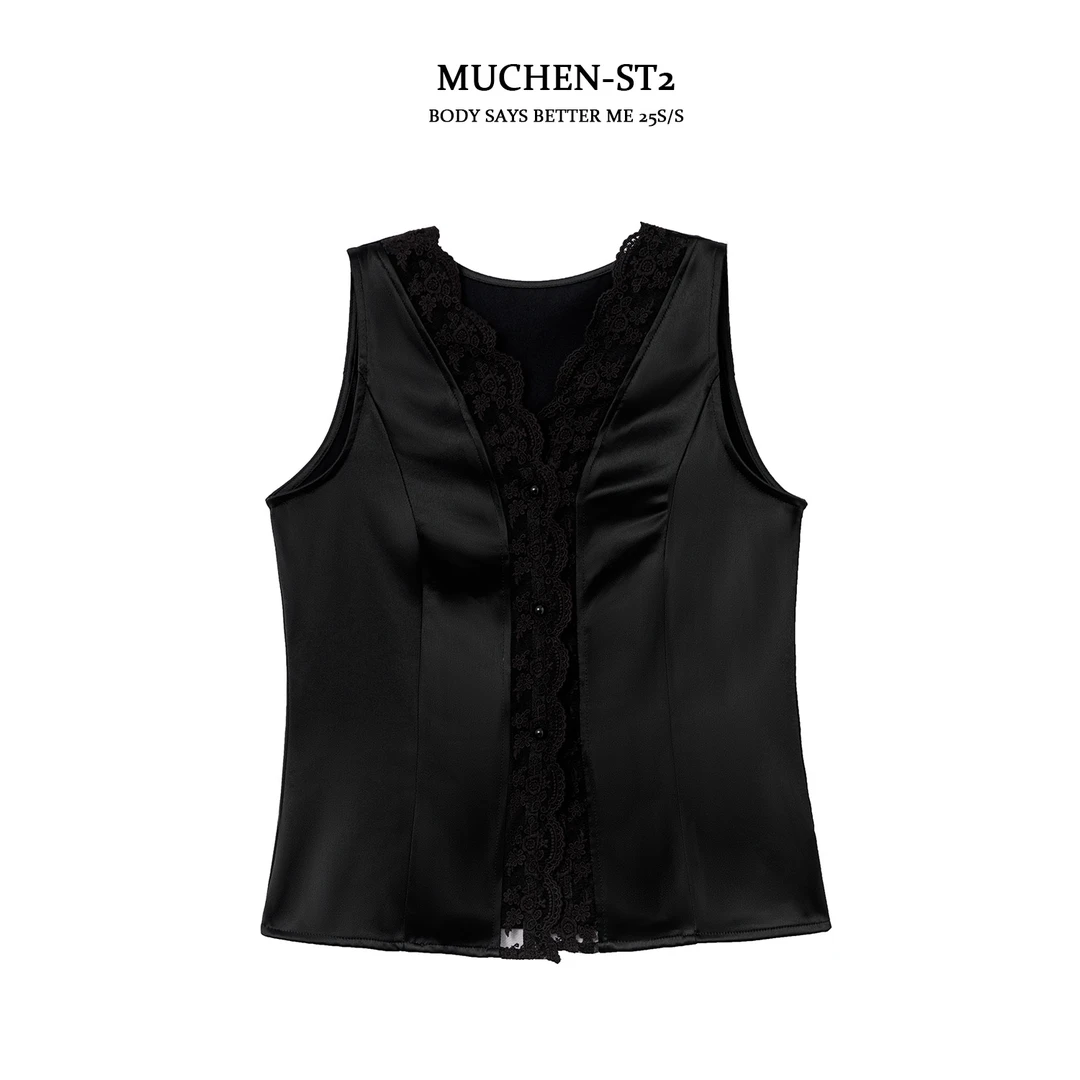 C【月光下的浪漫】 夏季法式蕾丝边V领马甲高级感醋酸无袖马甲