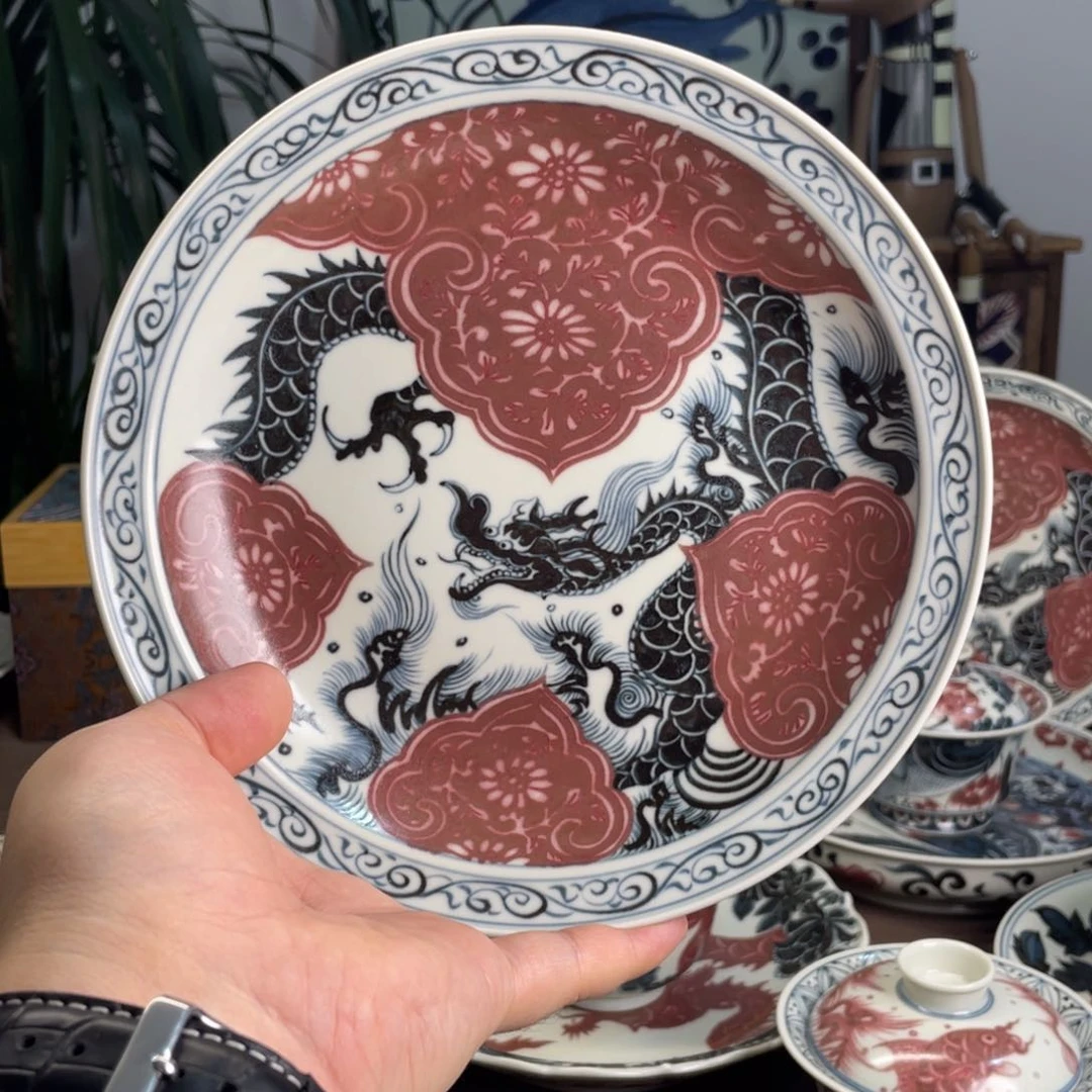 青花釉里红窗花龙壶承