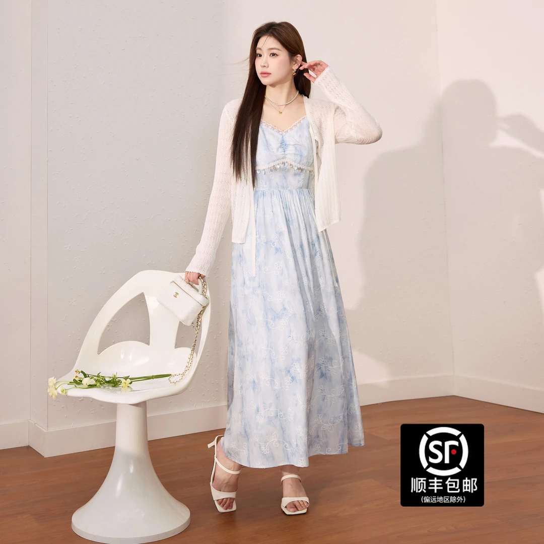 蓝语大码女装波西米亚碎花吊带连衣裙透气防晒开衫夏季一整套穿搭