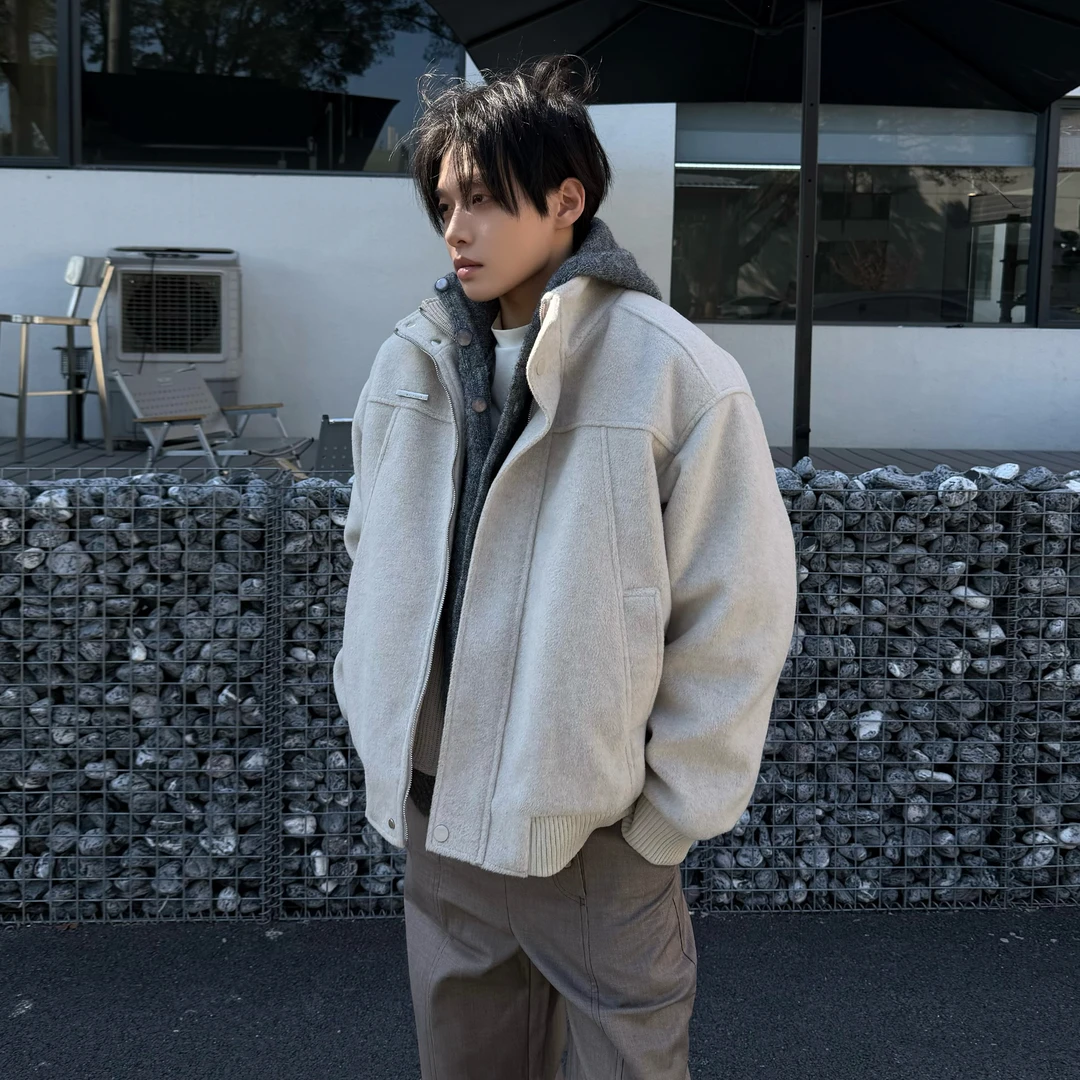 OneQony 冬季解构裁剪假两件毛呢夹克外套男痞帅立领新款保暖上衣