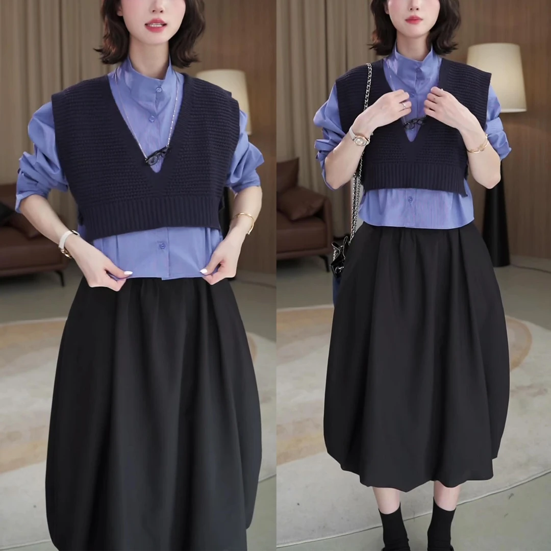 2025秋季新款洋气显瘦高级感针织小马夹搭格子衬衫半身裙三件套女