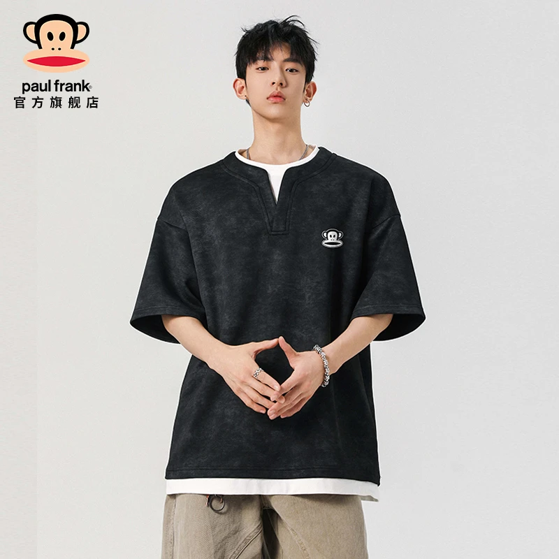 PaulFrank/大嘴猴2025夏季假两件V领T恤男士宽松薄款休闲百搭短袖