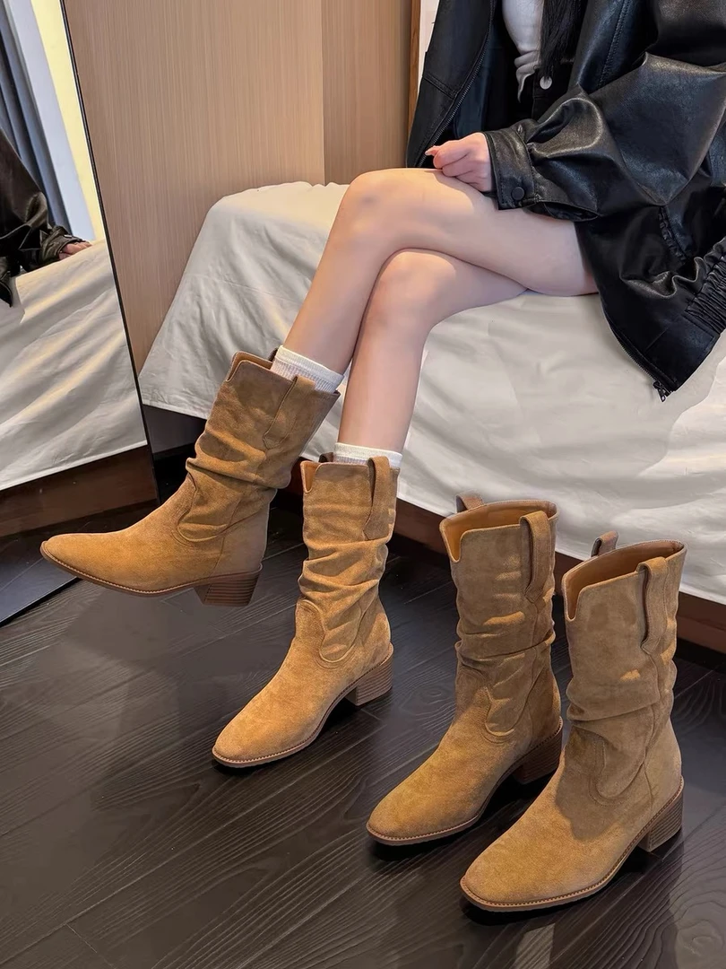 格各家高跟靴子女款2025新款美拉德小短靴秋冬中筒靴英伦风马丁靴