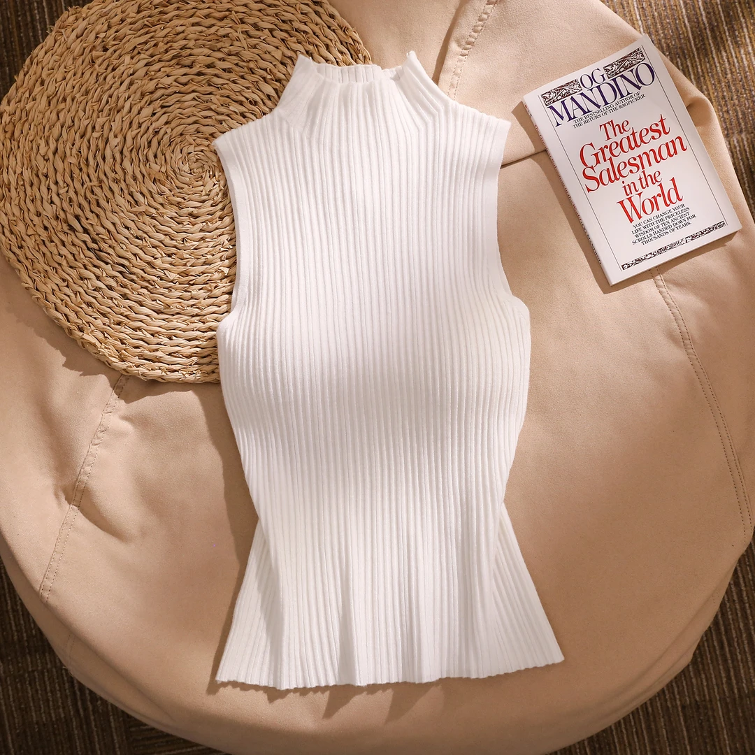 气质半高领坑条针织弹力吊带女新款显身材无袖背心上衣内搭打底衫