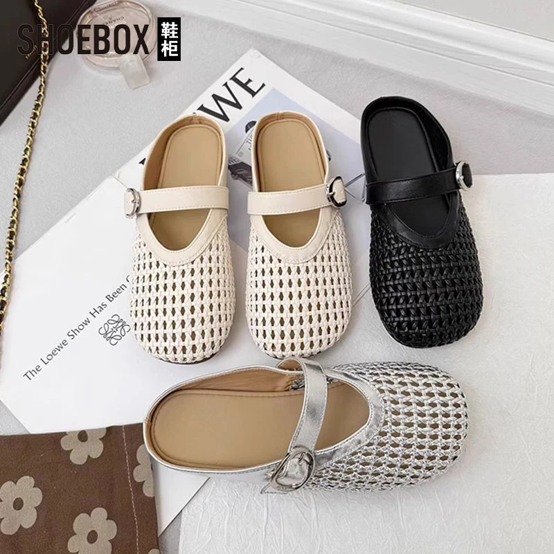 SHOEBOX鞋柜包头洞洞半拖鞋女夏秋季外穿2025玛丽珍罗马渔网鞋