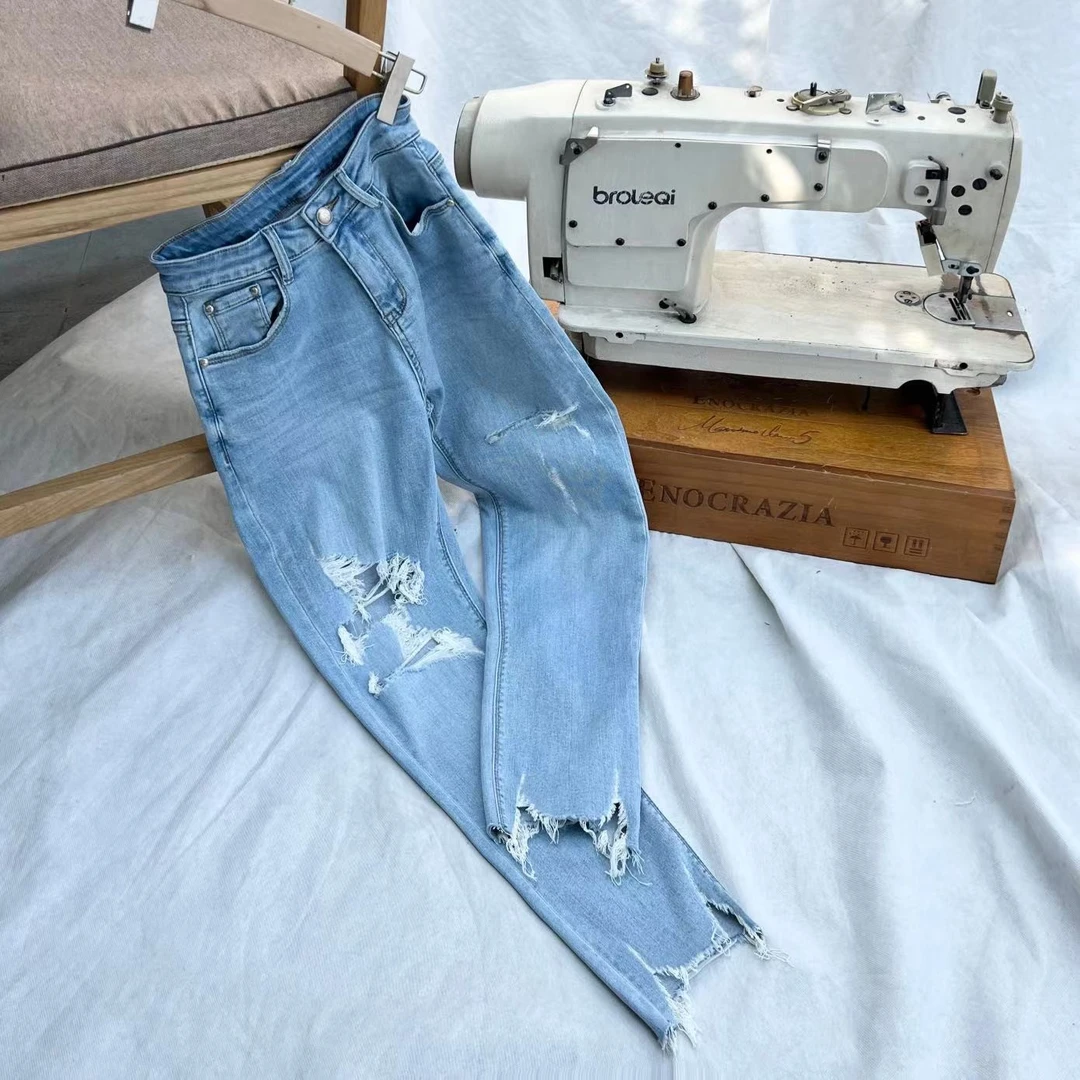 清货6662深圳南油烟管裤八分直筒裤春夏破洞裤弹力显瘦女牛仔裤