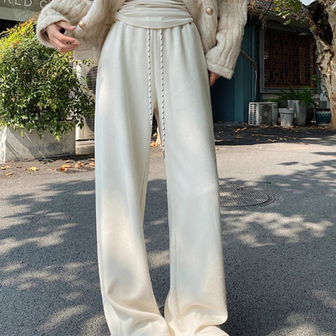 甜一一秋冬复古抽绳糯米绒磨毛阔腿裤女口袋款松弛感垂阔腿裤