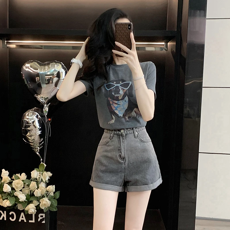 小个子穿搭一整套女夏季时尚减龄正肩印花短袖T恤牛仔短裤两件套
