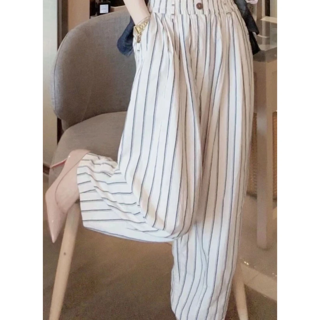 慵懒风竖条纹窄版阔腿裤女夏季新款高腰显瘦垂感直筒裤小个子长裤