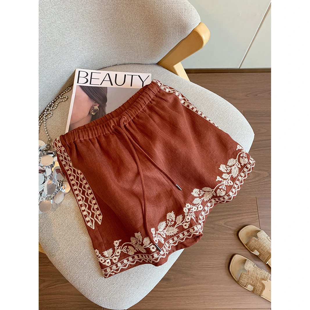 老钱风刺绣提花高腰抽绳短裤女2025夏季新款显瘦休闲百搭直筒裤子