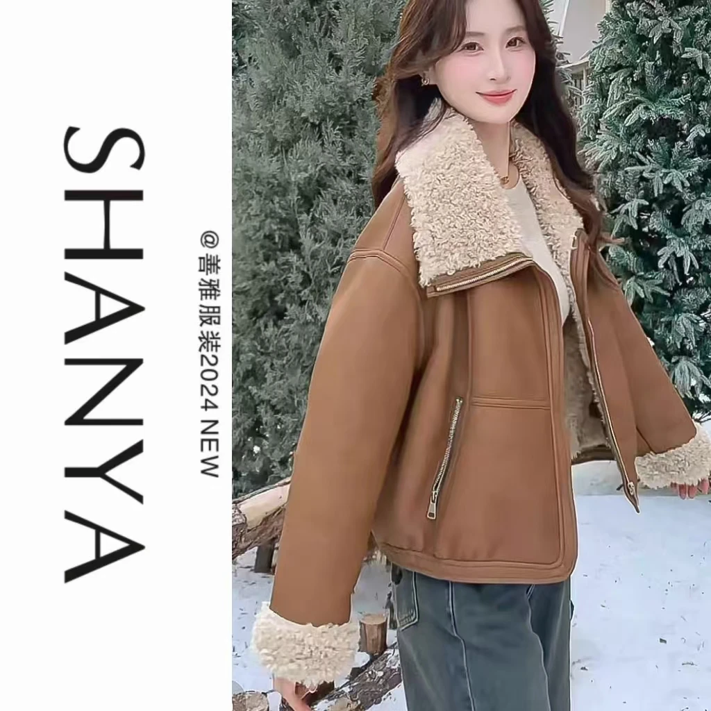 韩版显瘦宽松翻领皮毛一体3285高级羊羔毛绒外套秋冬短款加绒上衣