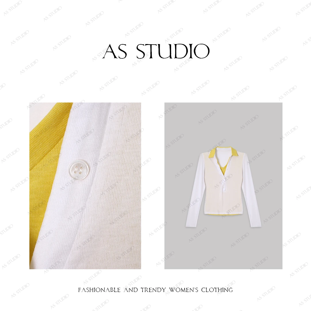 【AS追美】25新时髦洋气撞色翻领拼接假两件上衣AS25XSY4836