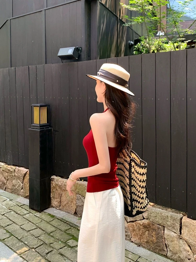 纯棉韩式露背挂脖背心女夏季辣妹吊带修身别致独特无袖上衣外穿