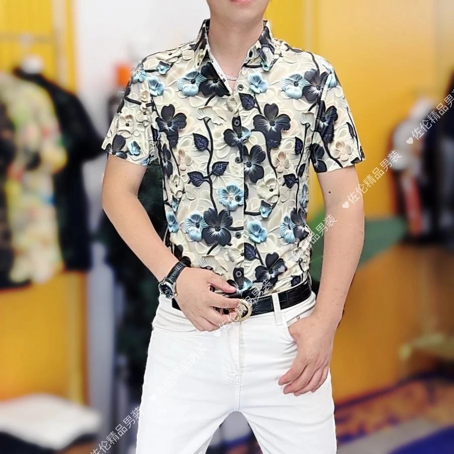 686时尚潮流男士夏季日常百搭轻奢个性立体富贵花衬衫