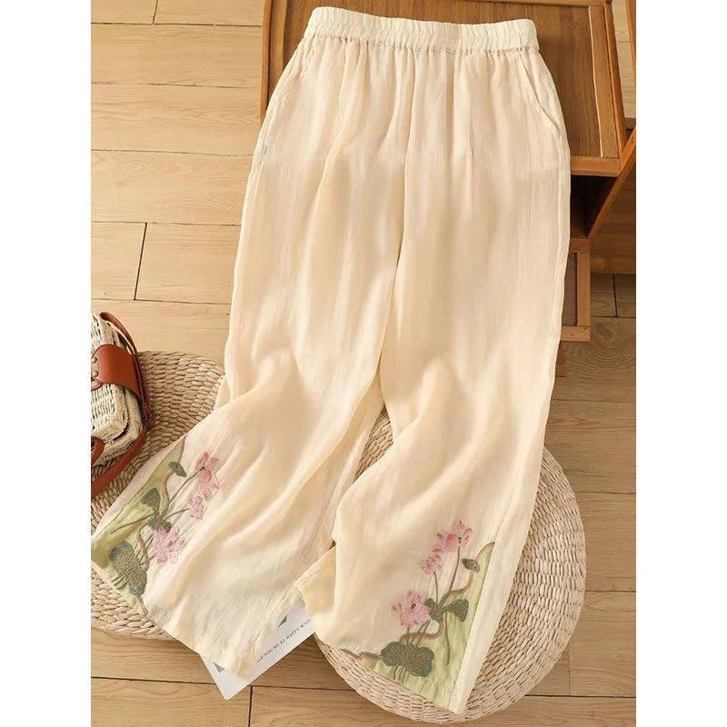 民族风国风复古文艺宽松阔腿裤新款夏季休闲裤绣花刺绣松紧女薄款