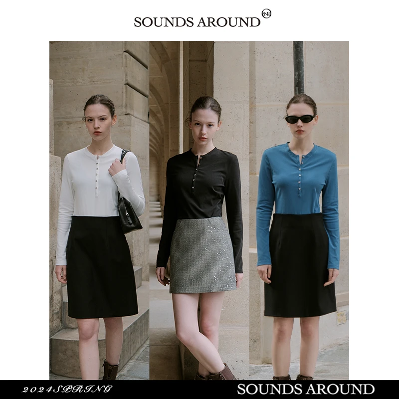 SOUNDSAROUND/SOUNDSAROUND【叶可可专享】紫花贝扣亨利领弹力长袖T